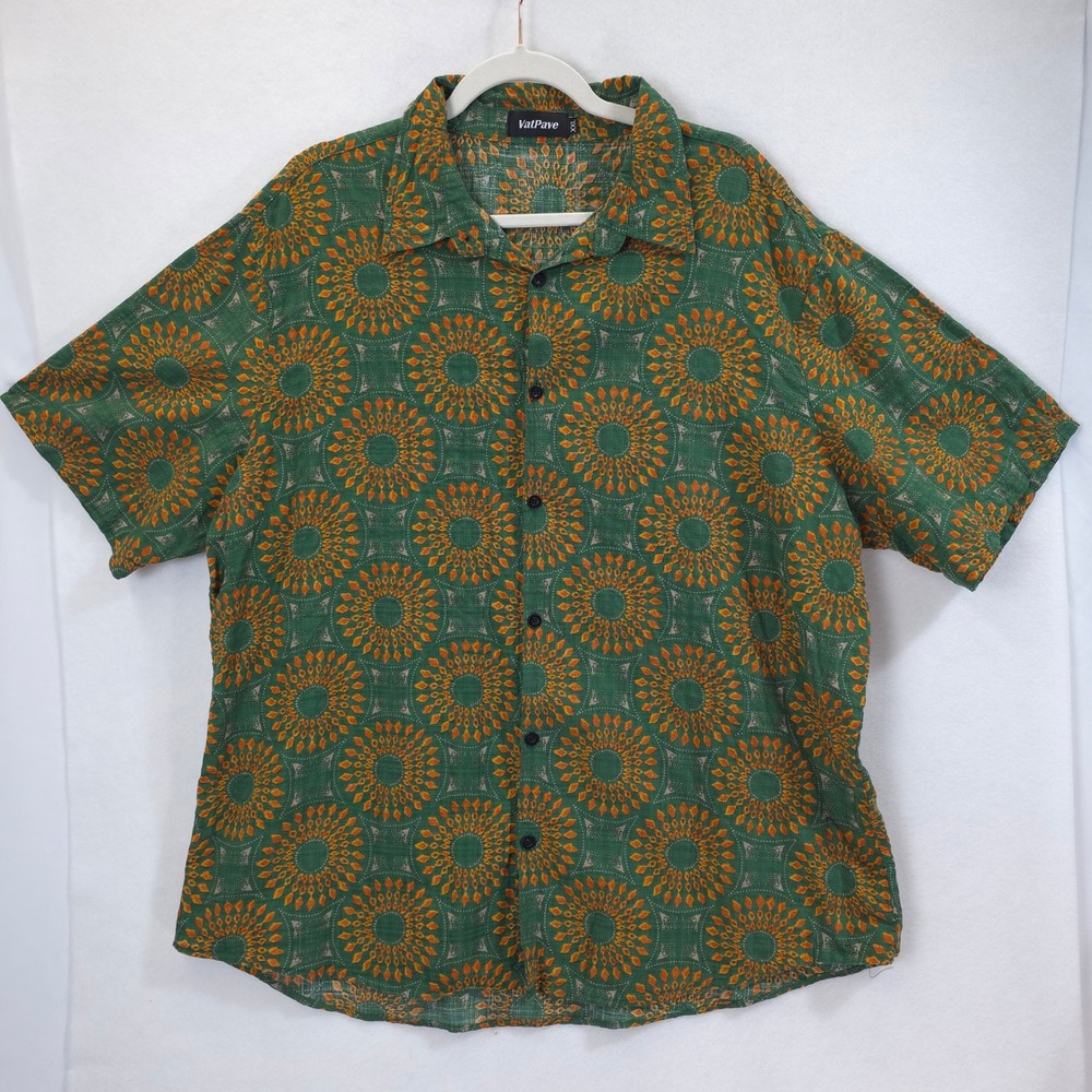 VatPave Button Down Shirt Sunburst Print Green Men XXL Boho Festive Hippie Retro